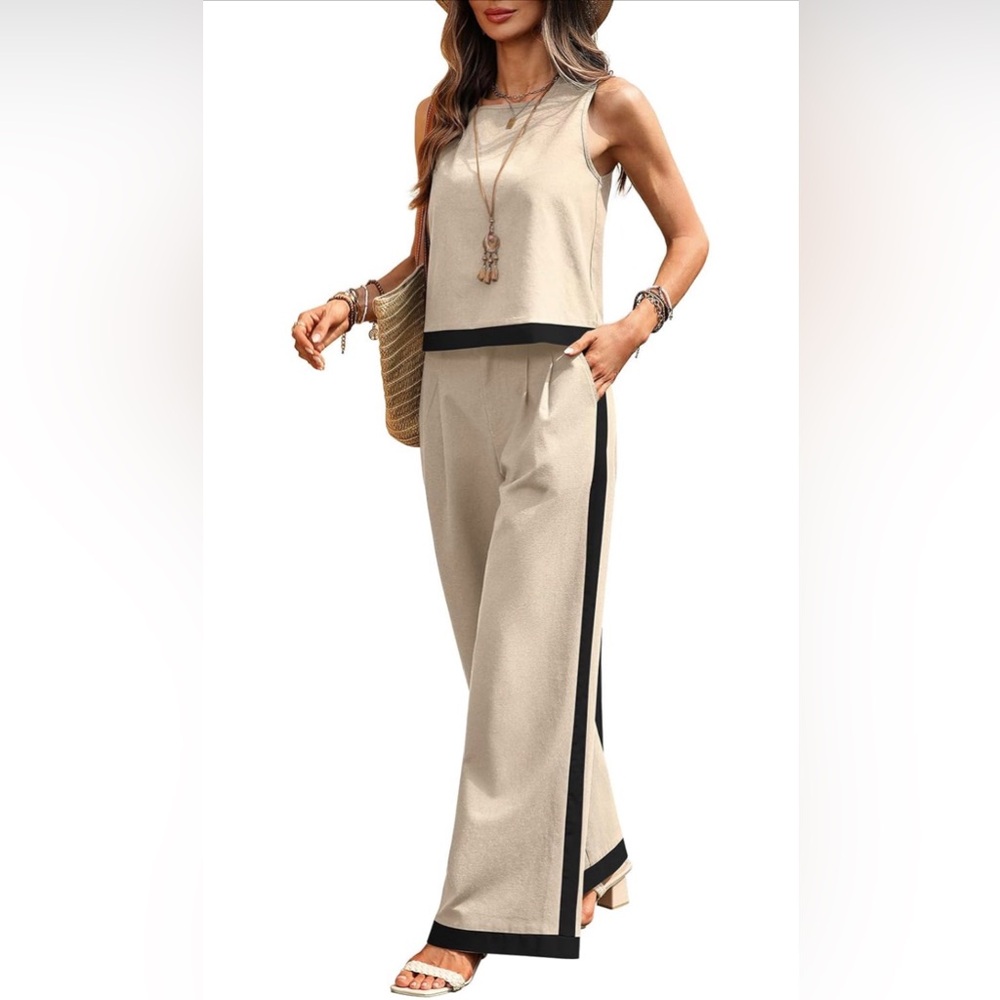 Vinglam Size S Linen Blend 2 Piece Set Beige Black Trim Wide Leg Pants Top